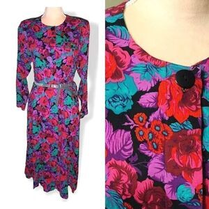VTG 90s Colorful Purple on Black Floral Button Up Long Sleeve Dress Size 10